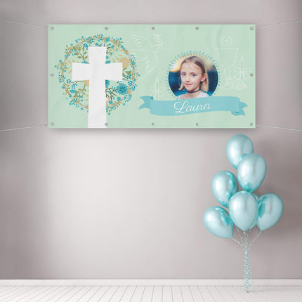 Banner Kommunion Grün - personalisieren mit Foto & Namen
