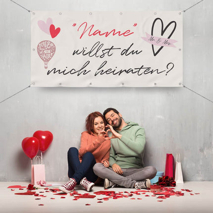 Banner Heiratsantrag Love Rot - personalisieren mit Namen und Initialen