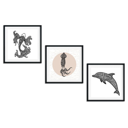 Posterset bestehend aus 3 Mandala Motiven zum Thema Unterwasserwelt von einem Koi, Tintenfisch und Delfin.