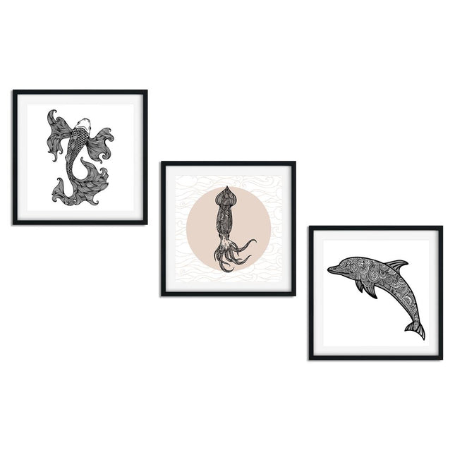 Posterset bestehend aus 3 Mandala Motiven zum Thema Unterwasserwelt von einem Koi, Tintenfisch und Delfin.