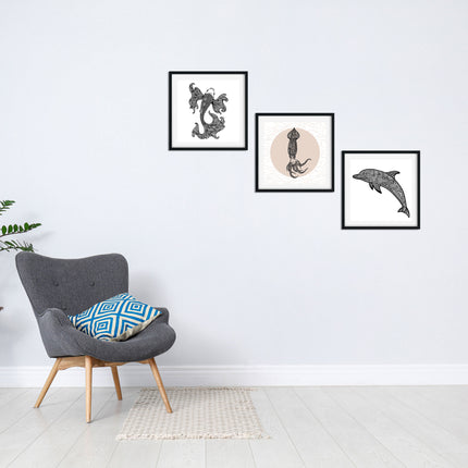 Posterset bestehend aus 3 Mandala Motiven zum Thema Unterwasserwelt von einem Koi, Tintenfisch und Delfin.