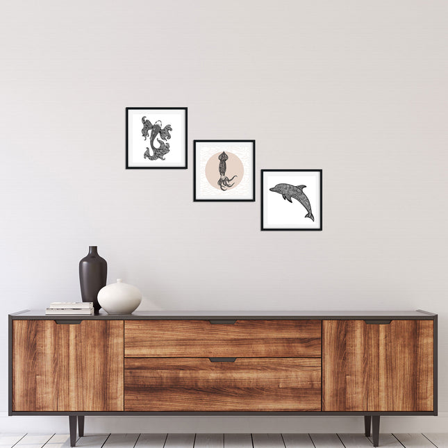 Posterset bestehend aus 3 Mandala Motiven zum Thema Unterwasserwelt von einem Koi, Tintenfisch und Delfin.