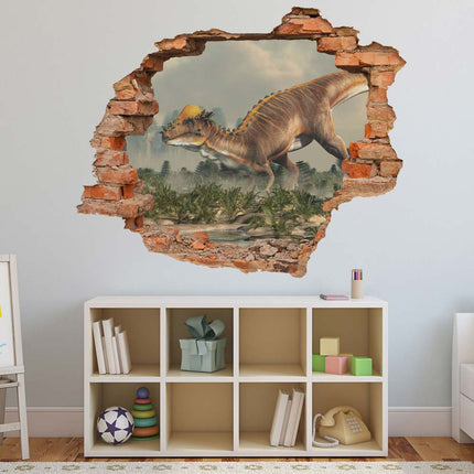 Wandaufkleber Wandtattoo in Form eines Wanddurchbruchs  von einem Dinosaurier Pachycephalosaurus als Hauptbild über dem Spielzeugregal