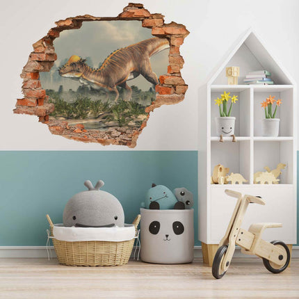 Wandaufkleber Wandtattoo in Form eines Wanddurchbruchs  von einem Dinosaurier Pachycephalosaurus als Hauptbild im Kinderzimmer in der Spieleecke
