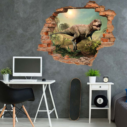 Wandaufkleber Wandtattoo in Form eines Wanddurchbruchs  von einem Dinosaurier Tyrannosaurus Rex als Hauptbild im modernen Jugendzimmer