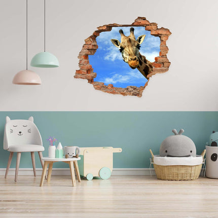 Wandaufkleber Wandtattoo in Form eines Wanddurchbruchs  mit Giraffe als Hauptbild im Kinderzimmer