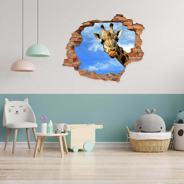 Wandaufkleber Wandtattoo in Form eines Wanddurchbruchs  mit Giraffe als Hauptbild im Kinderzimmer