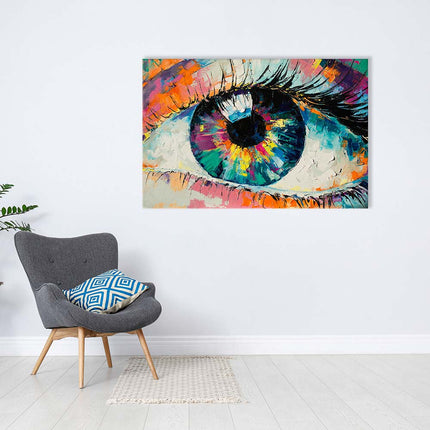 Farbenfrohes Leinwandbild mit dem Motiv Auge, es zeigt die Struktur eines Ölgemäldes ist jedoch ohne Struktur geruckt. Hier auf einer weißen Wand über einem Lesesessel.