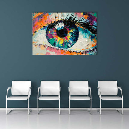 Das Leinwandbild ist hier ein toller Blickfang an einer dunkelblauen Wand in einem Wartezimmer. Da es sehr bunt ist passt es perfekt zu jeder Wandfarbe.