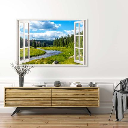 Leinwandbild Fensterblick "Berge und Fluss"