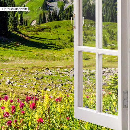 Leinwandbild Fensterblick "Berge und Wildblumen"
