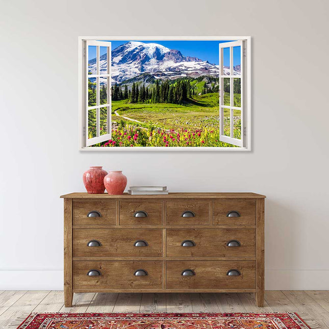Leinwandbild Fensterblick "Berge und Wildblumen"