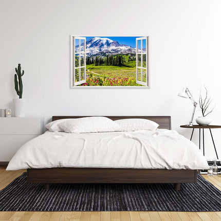 Leinwandbild Fensterblick "Berge und Wildblumen"