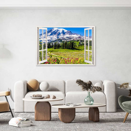Leinwandbild Fensterblick "Berge und Wildblumen"
