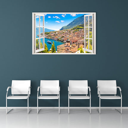 Leinwandbild Fensterblick "Dorf am See"