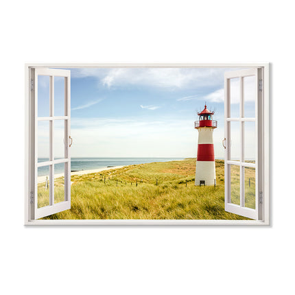 Leinwandbild Strand mit Leuchtturm Gesamtansicht
