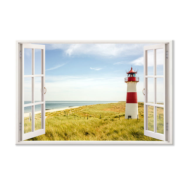 Leinwandbild Strand mit Leuchtturm Gesamtansicht