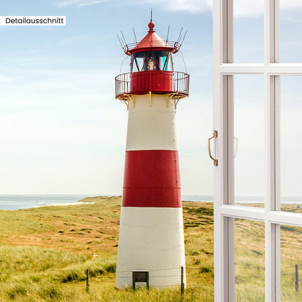 Leinwandbild Fensterblick "Strand mit Leuchtturm"