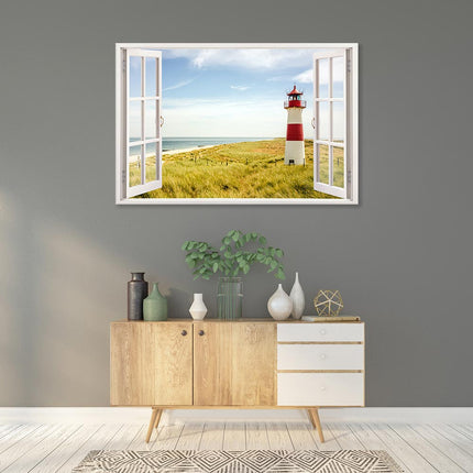 Leinwandbild_Strand_mit_Leuchtturm_über_Sideboard_aus_holz