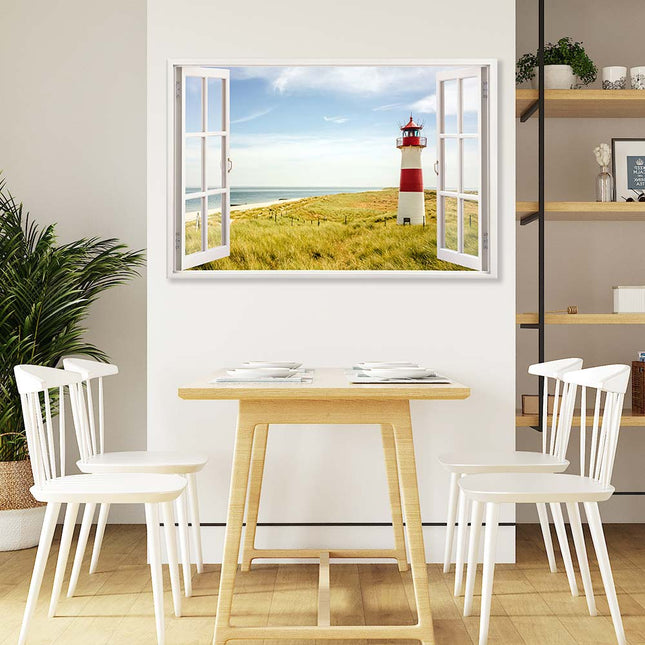 Leinwandbild_Ostsee_Strand_mit_Leuchtturm_im_Essbereich