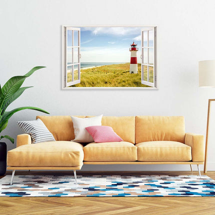 Leinwandbild_Strand_mit_Leuchtturm_Wohnzimmer_mit_moderner_Deko