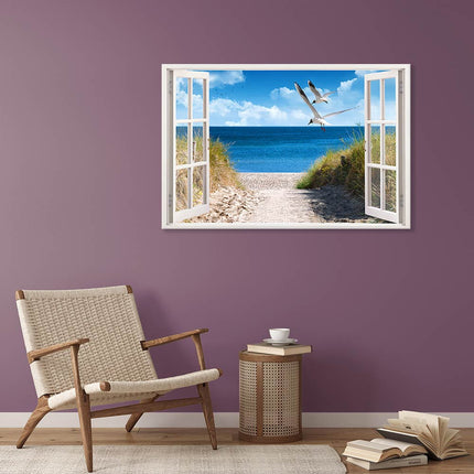 Leinwandbild_Strand_mit_Möwen_auf_lila_Wand
