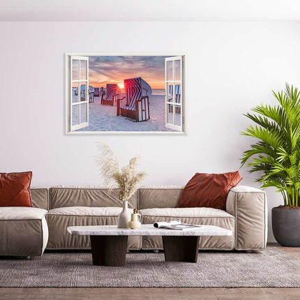Leinwandbild_Canvasrahmen_Strandkörbe_im_Sonnenuntergang_in_modernem_Wohnzimmer