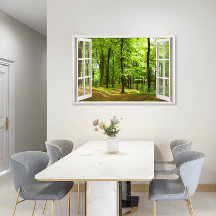 Leinwandbild_Fensterblick_Wald_über_einem_Esstisch