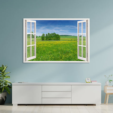 Leinwandbild_Fensterblick_Wiese_auf_blauer_Wand