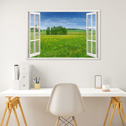 Leinwandbild_Fensterblick_Wiese_über_einem_Schreibtisch