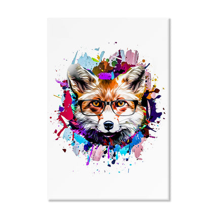 Leinwand Bild mit witzigem Fuchs, mit stilvoller Brille und bunten Farbklecksen.