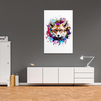Hochwertiges Wandbild auf Leinwand mit abstraktem Fuchsmotiv ist eine beeindruckende Bereicherung für Wohnraumdekoration. Die bunten Farbkleckse sind ein toller Kontrast zu einfarbigen grauen Wänden und weißen Möbeln.