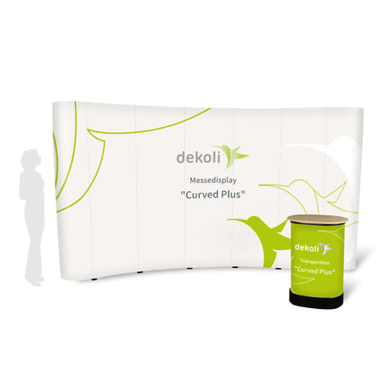 Messewand Curved Plus in Größe L im Größenvergleich mit Model.