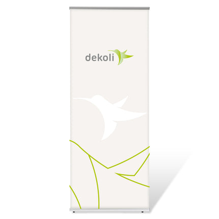 Bannerdisplay Trend, Frontalansicht mit grünem Dekoli Logo auf grauem Grund. Wir drucekn Ihre Wunschdatei. Für den Innenraum, Büros oder am Point of Sale.