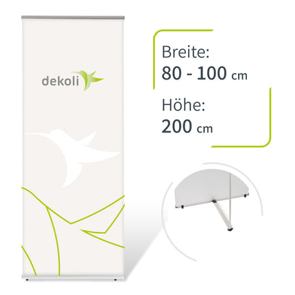 Bannerstand "Trend" mit Druck Frontansicht und Detailansicht der Rückseite mit Standfuß für Ihre Firmenpräsentation