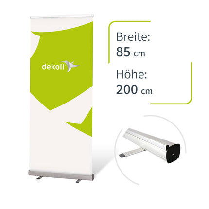 RollUp Display mit Druck nach Ihrer Datei in 85x200cm mit Alumiumstandfuß.