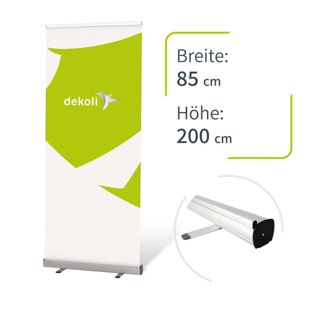 RollUp Display mit Druck nach Ihrer Datei in 85x200cm mit Alumiumstandfuß.