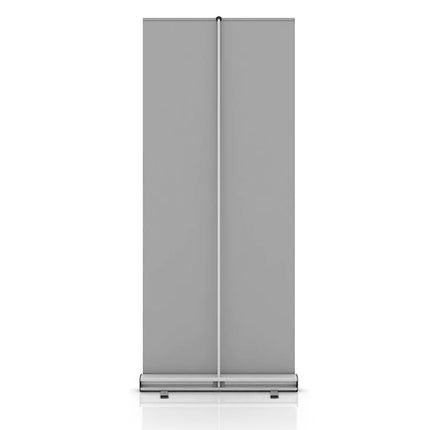 Rückansicht des 'Classic Basic' Roll-Up Banners, präsentiert auf einer silbernen Basis, ideal für unaufdringliche und professionelle Werbeauftritte.