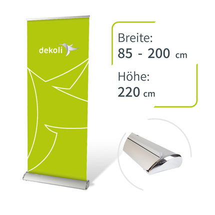 Ein grünes Roll-up-Banner mit dem Logo "dekolī" und Maßangaben: Breite 85-200 cm, Höhe 220 cm, neben einer Abbildung des Roll-up-Mechanismus.