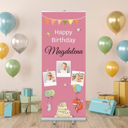 RollUp Banner mit Namen & Fotos – personalisiert in Rosa