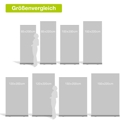 Größenvergleichstabelle für Roll-Up Banner in verschiedenen Maßen neben menschlichen Silhouetten zur Veranschaulichung der Skala, mit Größenangaben von 85x200 cm bis 150x220 cm.