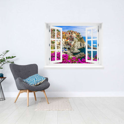 Erwecken Sie die Cinque Terre in Ihrem eigenen Raum zum Leben! Selbstklebendes Wandmotiv, formgeschnitten als Fenster, mit Ausblick auf die Schönheit dieser italienischen Küstengemeinden, wo bunte Häuser sich an den Steilhängen aneinanderreihen. Perfekt für träumerische Augenblicke und eine faszinierende Deko zum Beispiel in einer gemütlichen Leseecke.