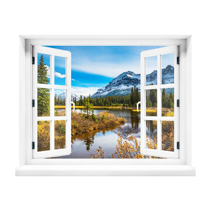 Unser selbstklebendes Wandtattoo mit Fenstermotiv, mit Ausblick durch das geöffnete Fenster auf einen Fluss in den Italienischen Bergen an einem sonnigen Herbsttag.