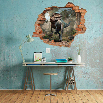 Wandaufkleber Wandtattoo in Form eines Wanddurchbruchs mit einem Dinosaurier Acrocanthosaurus über dem Office-Tisch
