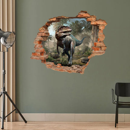Wandaufkleber Wandtattoo in Form eines Wanddurchbruchs mit einem Dinosaurier Acrocanthosaurus auf grüner Wand im Office