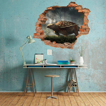 Wandaufkleber Wandtattoo in Form eines Wanddurchbruchs  von einem Dinosaurier Gargoyleosaurus als Hauptbild über einem Schreibtisch an einer blauer Wand