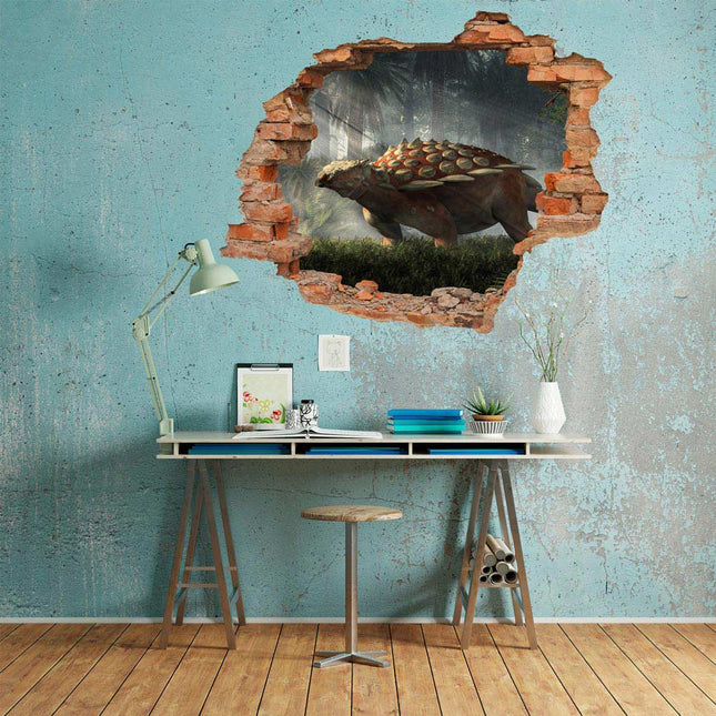 Wandaufkleber Wandtattoo in Form eines Wanddurchbruchs  von einem Dinosaurier Gargoyleosaurus als Hauptbild über einem Schreibtisch an einer blauer Wand