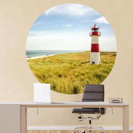 Wandaufkleber rund "Leuchtturm" groß hinter Schreibtisch 